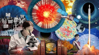 A graphic containing images that represent multiple fields of science and their connections to the current news cycle,such as astronomy, a pro-science protest, a child getting a vaccination, etc.