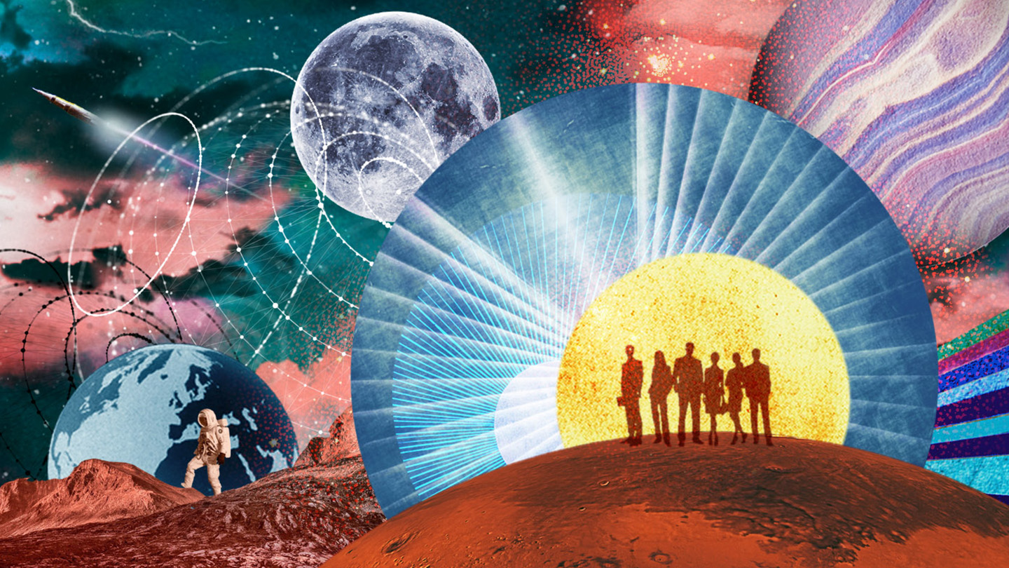 An illustration of six people with planets, astronauts, star maps and other space aspects around them.