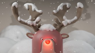 illustration of Rudolph covered with snow and with his nose lit up
