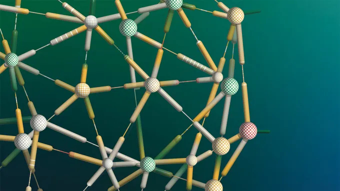 A 3-D of multi-colored balls connected by small, cylindrical tubes.