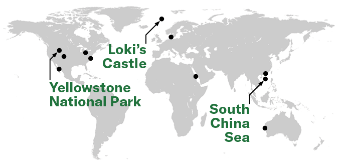 an illustration of where Asgard archaea have since been identified in samples from watery ecosystems