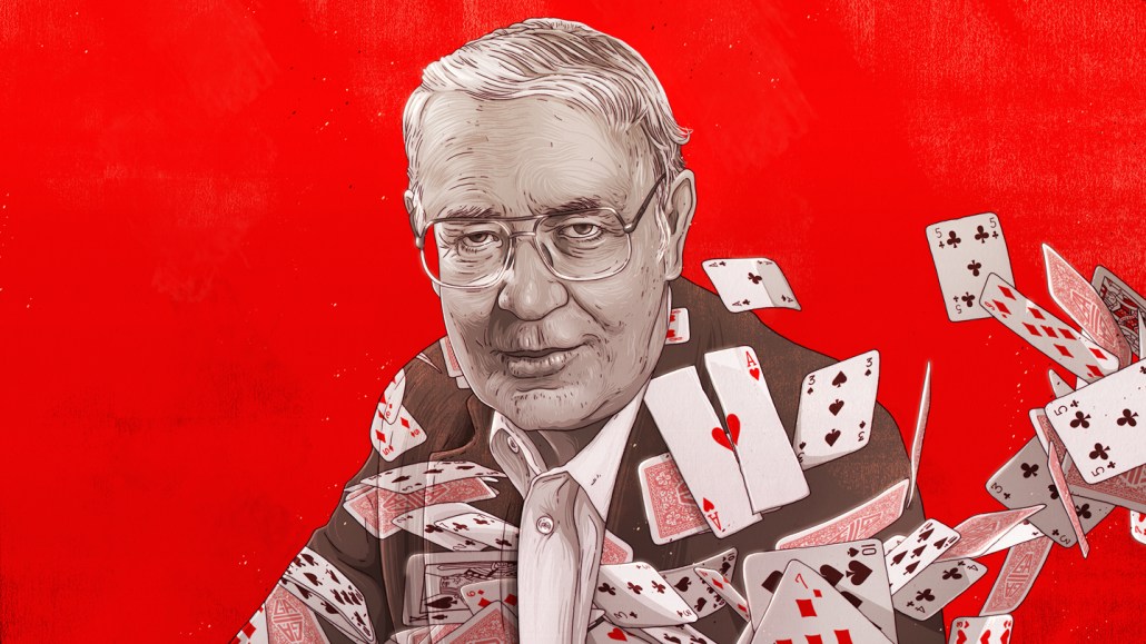 Illustration of gambling addiction researcher Robert Custer posing against a red background. He wears a sport coat that is superimposed with playing cards, which are blowing off his jacket and out of the frame. One of the cards is an ace of hearts which has been cut in half.