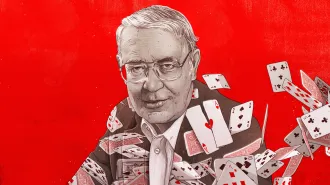 Illustration of gambling addiction researcher Robert Custer posing against a red background. He wears a sport coat that is superimposed with playing cards, which are blowing off his jacket and out of the frame. One of the cards is an ace of hearts which has been cut in half.