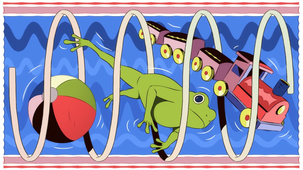 An illustration of a ball, frog and train floating through a spiral structure.