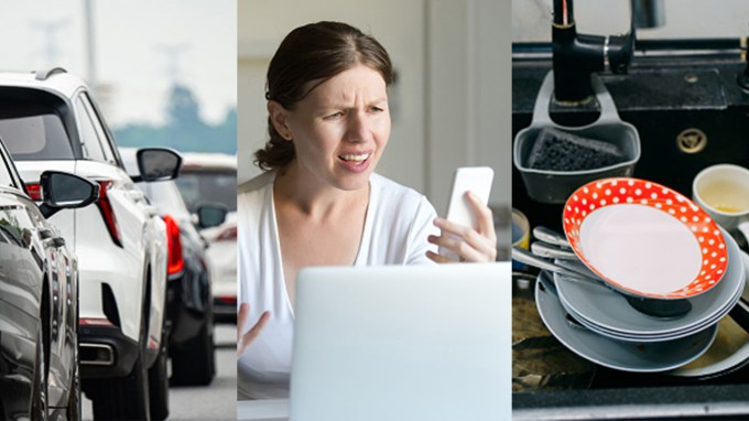 A trio of images shows everyday iritating things: bumper-to-bumper cars on the left, a woman scowling at her cell phone screen in the middle and dirty dishes piled up in a sink on the right.