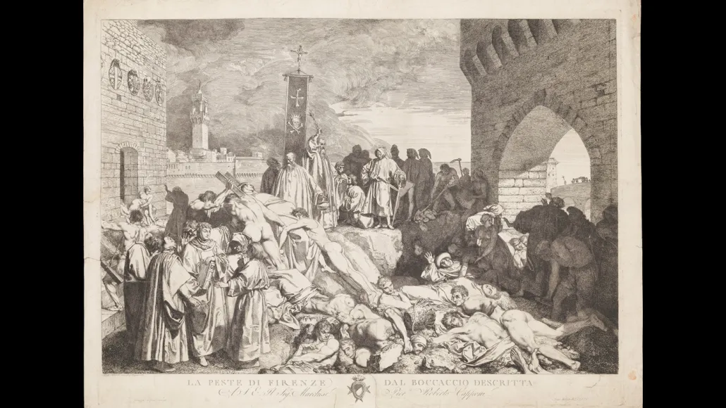An engraving of a 14th century story The Decameron, shown here, depicts the devastation of the Black Plague in the Italian city-state of Florence in 1348.