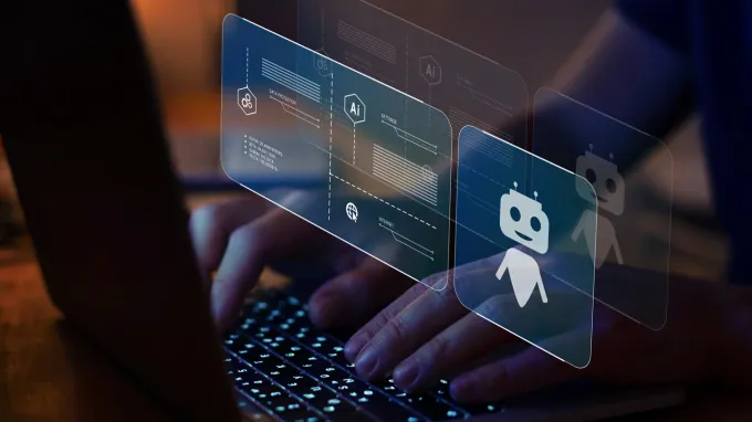 A close-up photo of hands hovering over a laptop's keyboard has an overly demonstrating the use of AI, which can alter voters' perceptions of political candidates.