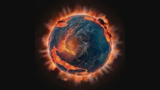 This artist's rendition depicts the early Earth covered with a fiery hot magma ocean. The cooling magma stored more water than once thought.