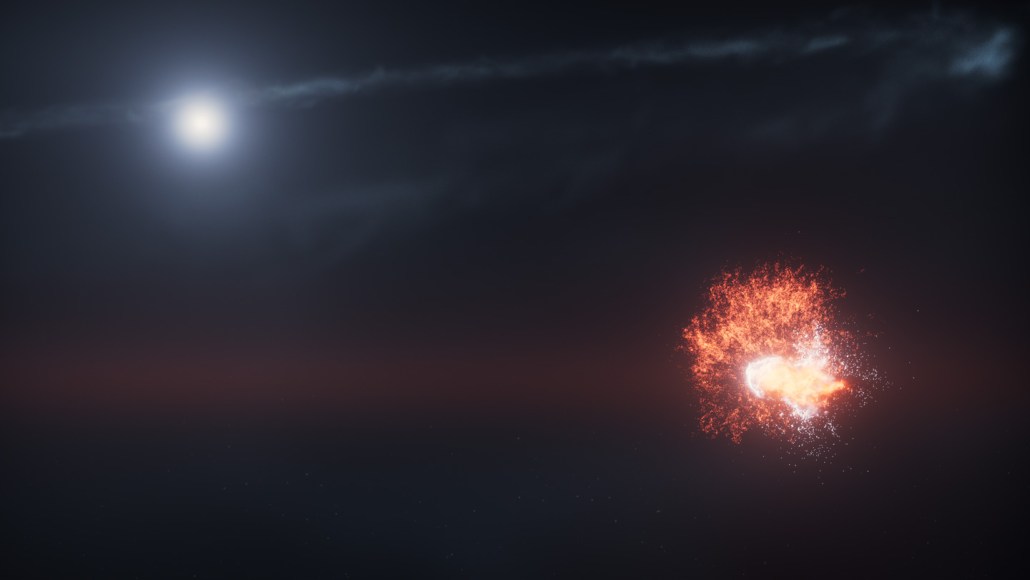 An illustration of two asteroid-sized bodies colliding