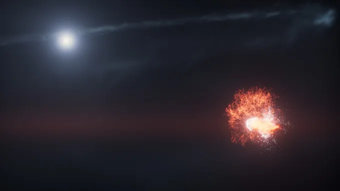 An illustration of two asteroid-sized bodies colliding