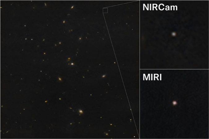 An image shows a field of distant galaxies with a zoomed-in inset highlighting a faint point source seen by two different cameras.
