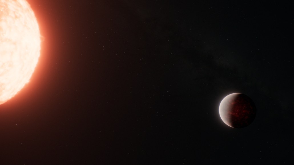 An illustration shows a rocky planet orbiting close to a glowing red star against a dark background.