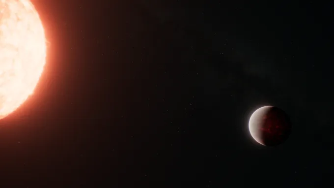 An illustration shows a rocky planet orbiting close to a glowing red star against a dark background.