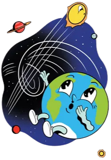 A cartoon illustration shows an anthropomorphic Earth being tossed as a star zooms by.
