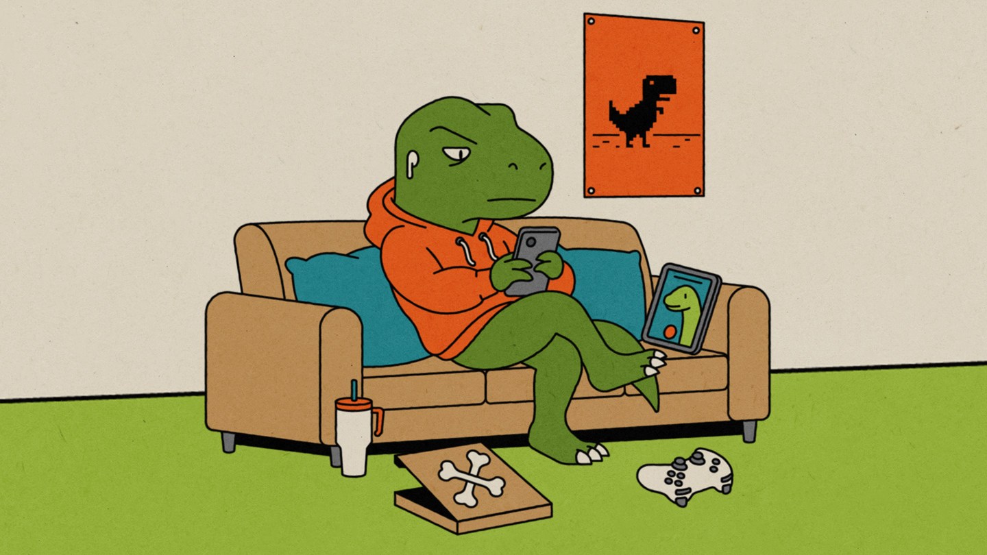 A T. rex in a red hoody sits on a couch scrolling on its phone in this cartoon style illustration, while a game console and an empty pizza-style box marked with an X of bones are nearby on the floor.