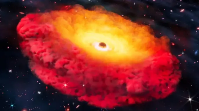 An illustration of a red and yellow disk resembling a mushroom cloud in space, with a dark hole at its center
