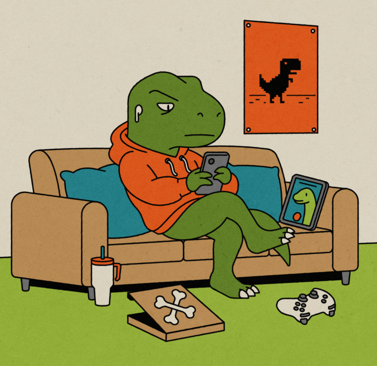 An illustration of a T. Rex in an orange hoodie sitting on a couch texting. It has ear buds in, appears to be video calling another dinosaur and has a video game controller and empty pizza box next to it.