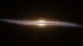 An edge-on view of the Milky Way shows a disk of stars surrounding a central bulge.