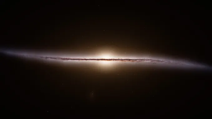 An edge-on view of the Milky Way shows a disk of stars surrounding a central bulge.