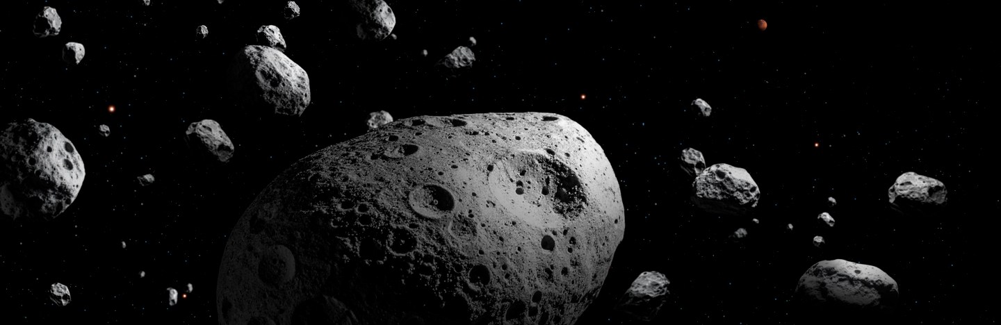 A large oblong space rock sails through a field of other asteroids on a black background