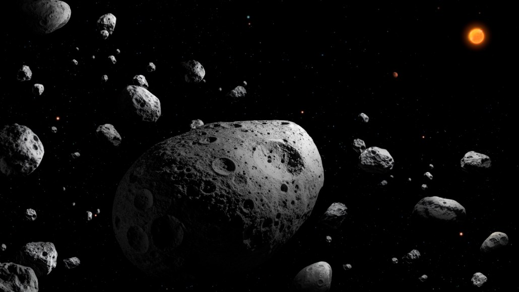 A large oblong space rock sails through a field of other asteroids on a black background