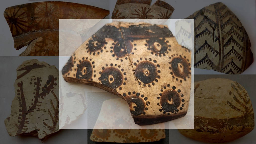 A collage highlights a central fragment of ancient pottery decorated with black circular dot patterns, surrounded by other ceramic pieces with painted designs.