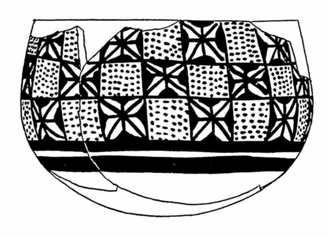 A black-and-white drawing reconstructs a ceramic bowl decorated with a repeating grid of geometric and dotted motifs.
