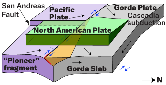 A cartoon showing colliding tectonic plates at the Mendocino triple junction, and newly discovered hidden plate fragments that might trigger earthquakes.