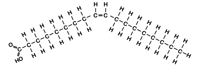This shows the chemical structure of an unsaturated fat. It has a bend in the middle where there is a double bond between to C (carbon) molecules, which makes it different from a saturated fat.
