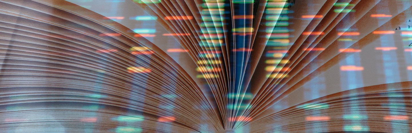 Ladderlike fluorescent patterns representing DNA sequence in blue, orange, yellow and green is overlayed on an image of an open book.