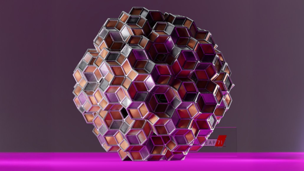 A 3-D object made of smaller shapes illustrates a structure that has order but no repeating pattern.