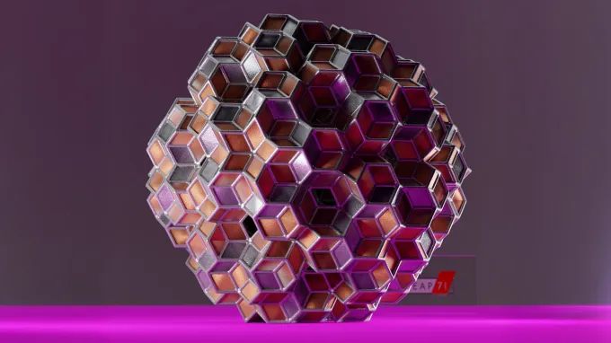 A 3-D object made of smaller shapes illustrates a structure that has order but no repeating pattern.