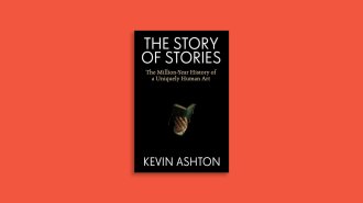 Book cover for "The Story of Stories" byt Kevin Ashton. Black background with the hand holding a book.