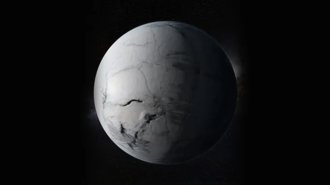 An illustration shows a frozen, ice-covered Earth with dark cracks across its surface set against the blackness of space.