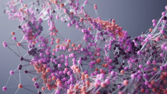 An illustration of interconnected nodes like in a protein. Machine learning is helping to find the right protein faster.