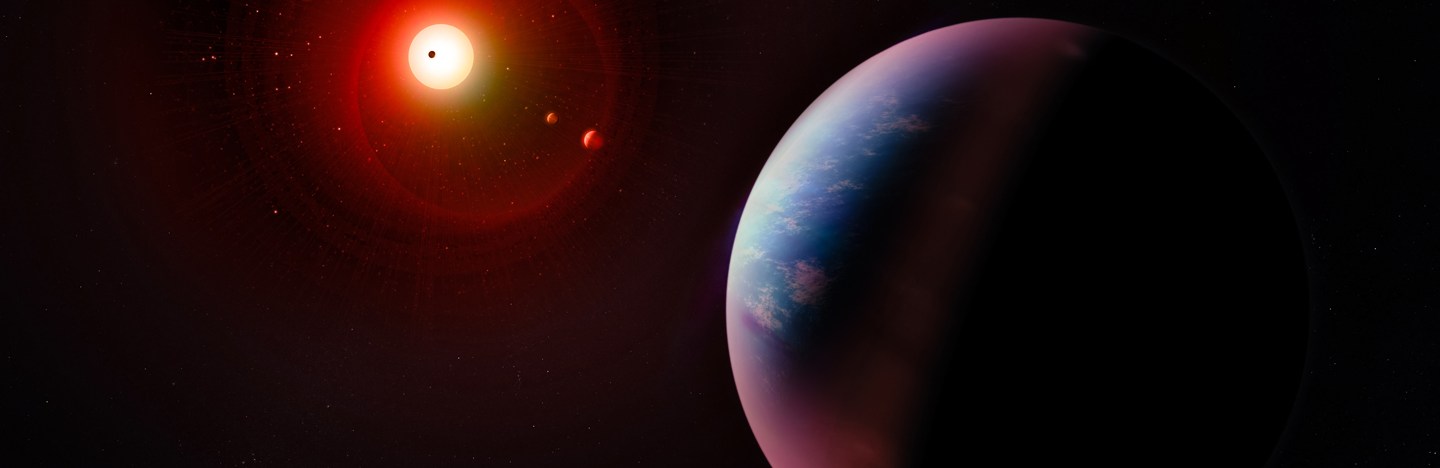A line of illustrated exoplanets face a star in dark outer space