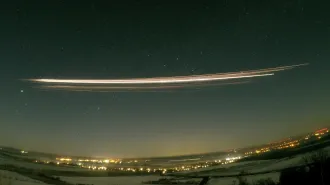 A Falcon 9 upper stage rocket disintegrates into fragments on February 19, 2025.