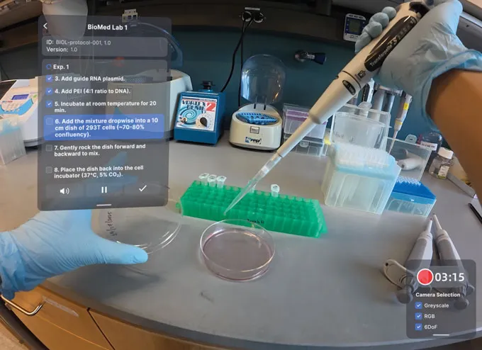 The projections that a person is seeing through XR glasses. On the left of their view field, a scientist sees a checklist for how to process the specimens they are working on.