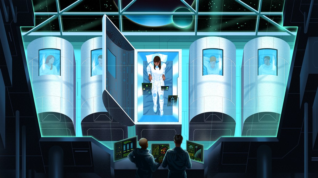 An illustration of astronauts waking up from crytofreeze