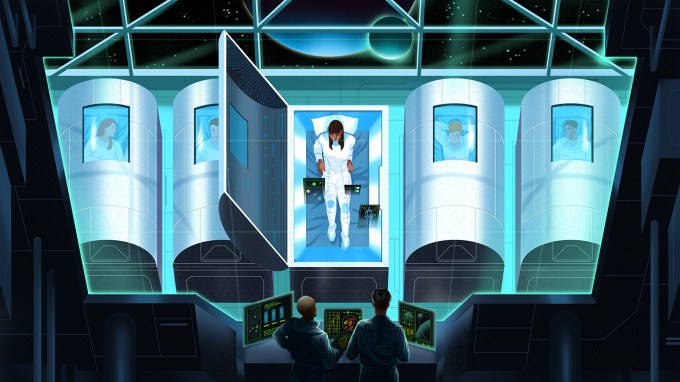 An illustration of astronauts waking up from crytofreeze