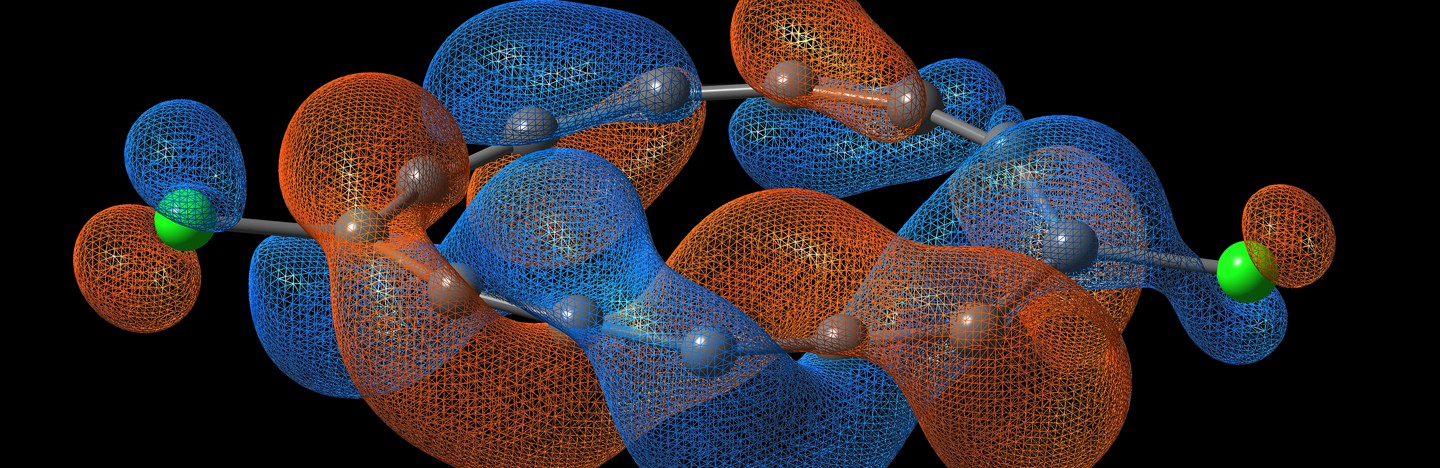 A ring of 13 gray spheres sandwiched by two green spheres, with red and blue regions spiraling around it.