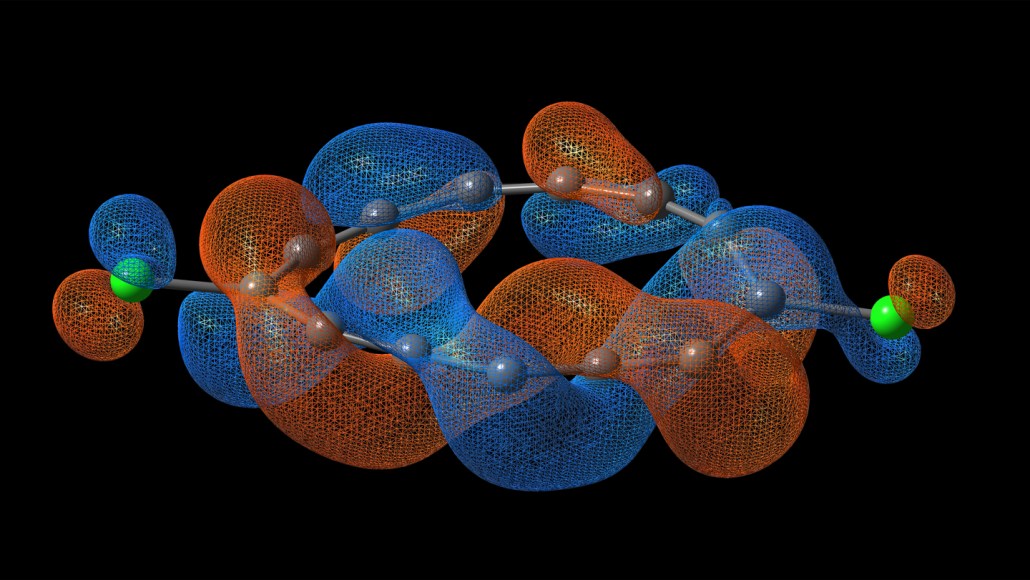 A ring of 13 gray spheres sandwiched by two green spheres, with red and blue regions spiraling around it.