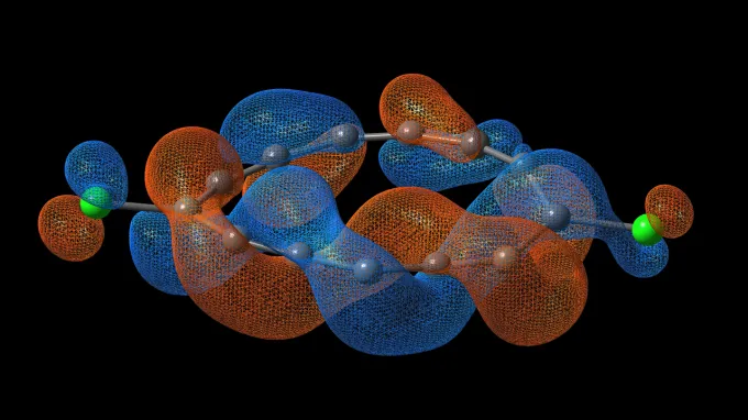 A ring of 13 gray spheres sandwiched by two green spheres, with red and blue regions spiraling around it.