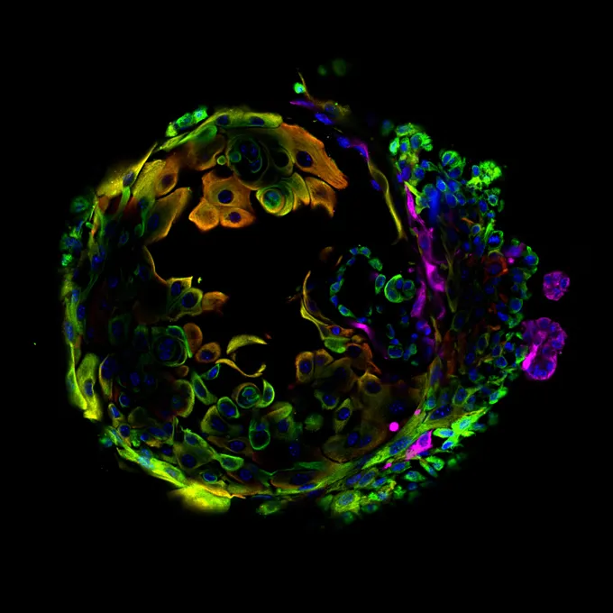 A colorful ball of mouse mammary cells.