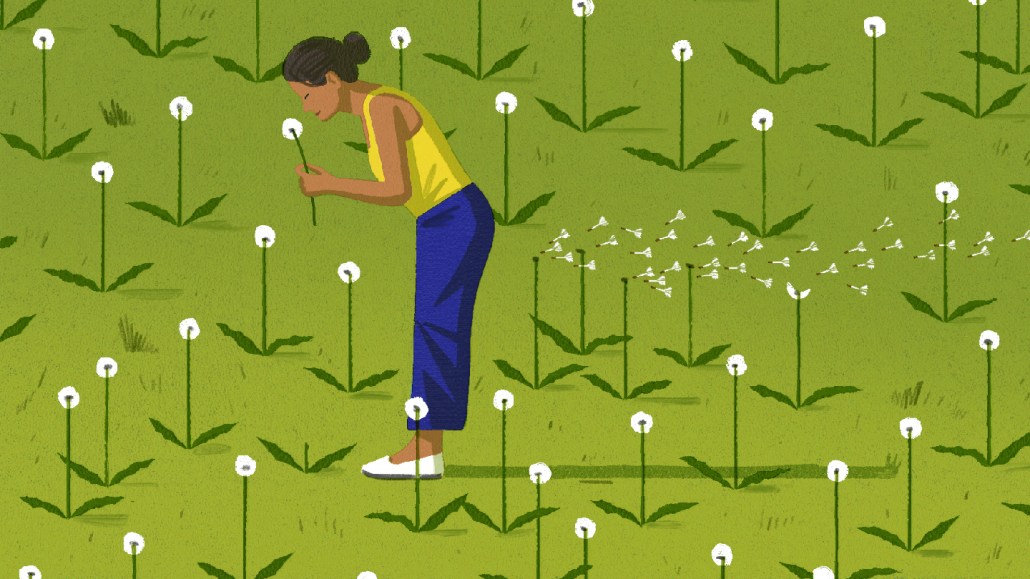An illustration of a woman in a yellow shirt and jeans standing in a field smelling flowers and farting. Flower petals blow behind her.