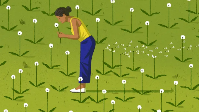 An illustration of a woman in a yellow shirt and jeans standing in a field smelling flowers and farting. Flower petals blow behind her.