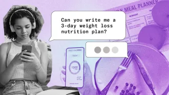 A teen girl is shown in black and white in front of images shown in purple of a meal planner, a plate and utensils, and a phone displaying a calorie tracker. She types on her phone to a chatbot. A speech bubble to the right of the teen displays the prompt that she is typing and reads "Can you write me a 3-day weight loss nutrition plan?"