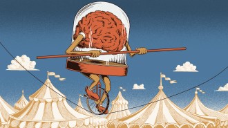 An illustration of a brain in a jar with arms and legs riding a unicycle across a tightrope while holding a pole.