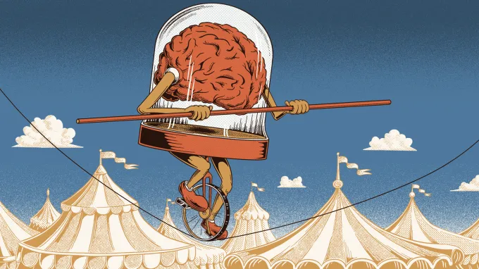 An illustration of a brain in a jar with arms and legs riding a unicycle across a tightrope while holding a pole.