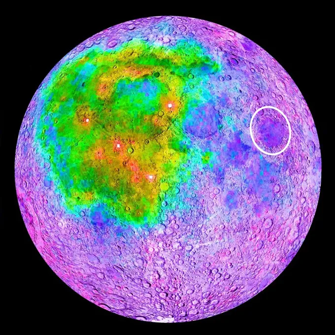A false-color map of the moon shows thorium concentrated in one region on the nearside, with the Blue Ghost landing site circled outside that area.